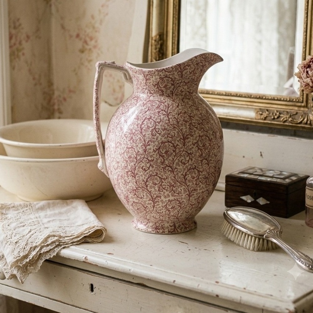 Antique 12 Inch Pink Peony Chintz Water Pitcher, Victorian Ironstone Wash Jug
